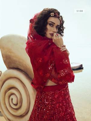 Red embroidered net semi stitched lehenga 3