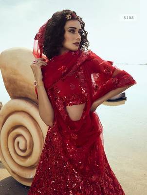 Red embroidered net semi stitched lehenga 4