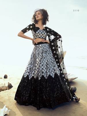 Black embroidered net semi stitched lehenga 1