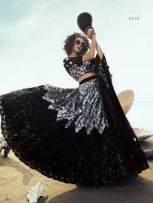 Black embroidered net semi stitched lehenga 2