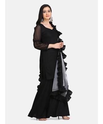 Black kurti plazzo set net duptta with all over black  border 4