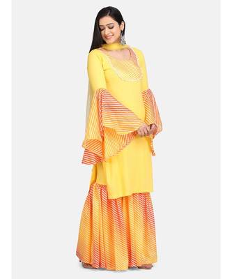 Yellow leheriya garara set duppta with fabric tassele 4