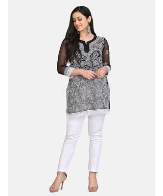 Black full chikankari  short kurti with white pant 1