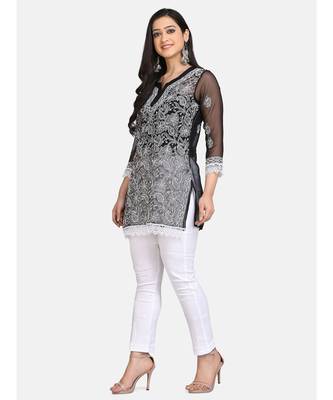 Black full chikankari  short kurti with white pant 3