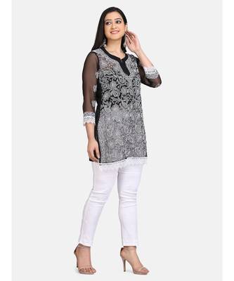 Black full chikankari  short kurti with white pant 4