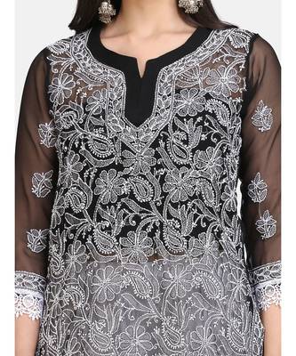 Black full chikankari  short kurti with white pant 5