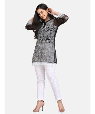 Black full chikankari  short kurti with white pant 6