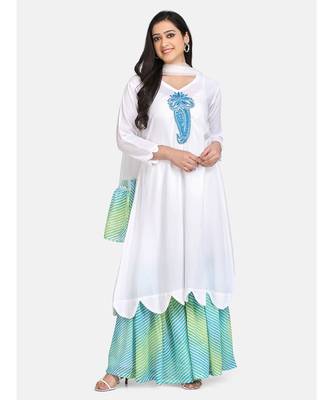 White kurti blue chikankari thread work leheriya green garara nd dupatta with leheriya border 1