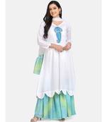 White kurti blue chikankari thread work leheriya green garara nd dupatta with leheriya border