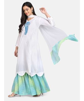 White kurti blue chikankari thread work leheriya green garara nd dupatta with leheriya border 5