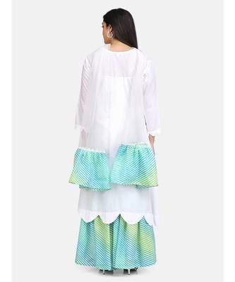 White kurti blue chikankari thread work leheriya green garara nd dupatta with leheriya border 6