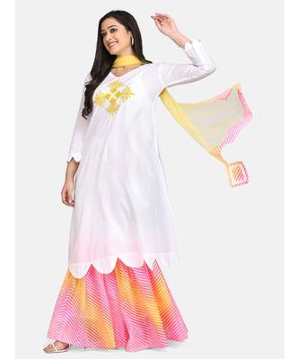 White kurti  yellow chikankari thread work leheriya garara with yellow  fabric tassele dupatta 3