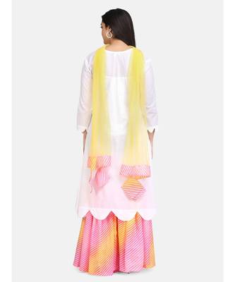 White kurti  yellow chikankari thread work leheriya garara with yellow  fabric tassele dupatta 6
