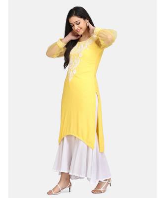 Yellow chikankari kurti with white bottom 3