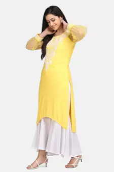 Yellow chikankari kurti with white bottom