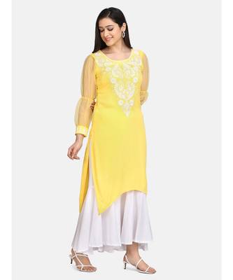 Yellow chikankari kurti with white bottom 4