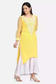 Yellow chikankari kurti with white bottom