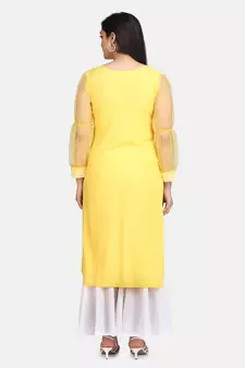 Yellow chikankari kurti with white bottom