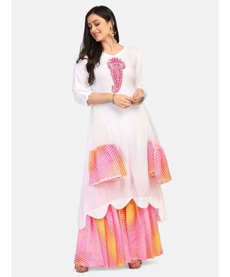 white kurti pink  chikankari thread work leheriya pink garara nd dupatta with  leheriya border 1