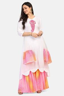 white kurti pink  chikankari thread work leheriya pink garara nd dupatta with  leheriya border