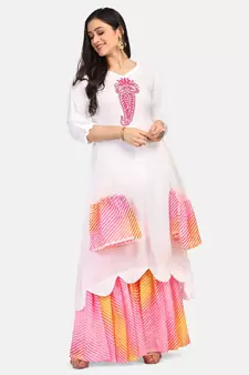white kurti pink  chikankari thread work leheriya pink garara nd dupatta with  leheriya border