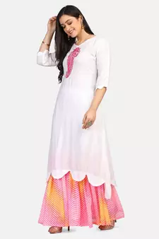 white kurti pink  chikankari thread work leheriya pink garara nd dupatta with  leheriya border