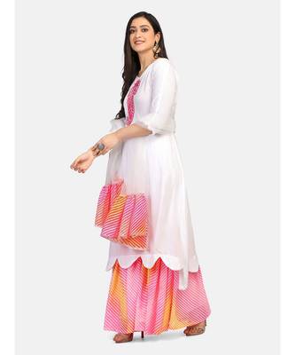 white kurti pink  chikankari thread work leheriya pink garara nd dupatta with  leheriya border 4