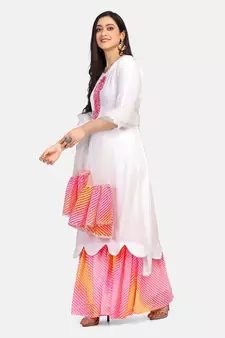 white kurti pink  chikankari thread work leheriya pink garara nd dupatta with  leheriya border