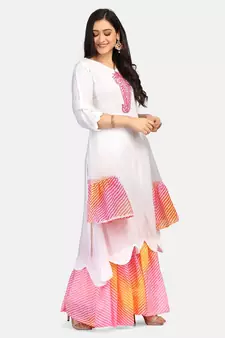 white kurti pink  chikankari thread work leheriya pink garara nd dupatta with  leheriya border