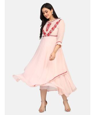 Peach colour long frock with red thread chikankari work kurti 3