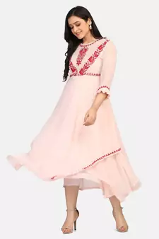 Peach colour long frock with red thread chikankari work kurti