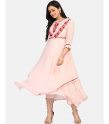 Peach colour long frock with red thread chikankari work kurti