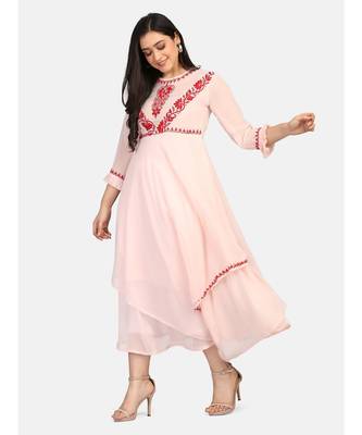 Peach colour long frock with red thread chikankari work kurti 4