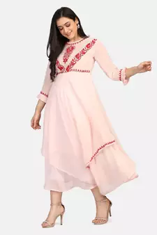 Peach colour long frock with red thread chikankari work kurti