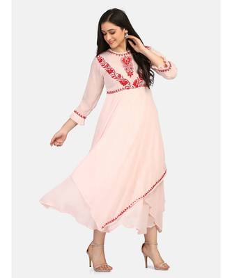 Peach colour long frock with red thread chikankari work kurti 1