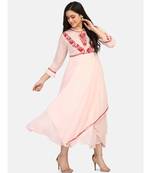 Peach colour long frock with red thread chikankari work kurti
