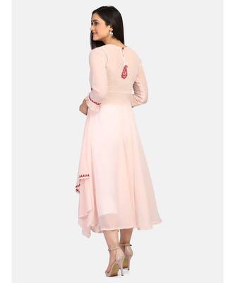Peach colour long frock with red thread chikankari work kurti 5