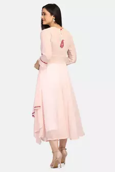 Peach colour long frock with red thread chikankari work kurti