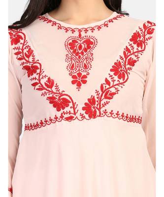 Peach colour long frock with red thread chikankari work kurti 6