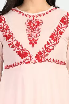 Peach colour long frock with red thread chikankari work kurti