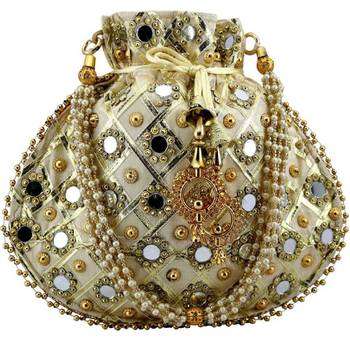 Rajasthani Jaipuri Ethnic Handcrafted Embellished Beaded Potli Wristlets Bags For Women's - Gold 1