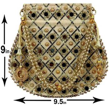 Rajasthani Jaipuri Ethnic Handcrafted Embellished Beaded Potli Wristlets Bags For Women's - Gold 2