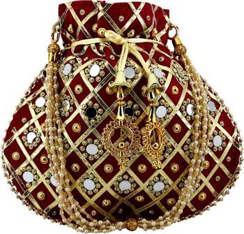 Rajasthani Jaipuri Ethnic Handcrafted Embellished Beaded Potli Wristlets Bags For Women's - Maroon 1