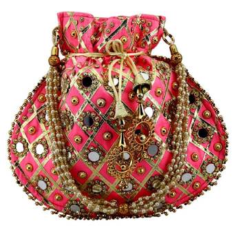 Rajasthani Jaipuri Ethnic Handcrafted Embellished Beaded Potli Wristlets Bags For Women's - Light Pink 1