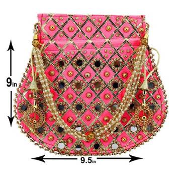 Rajasthani Jaipuri Ethnic Handcrafted Embellished Beaded Potli Wristlets Bags For Women's - Light Pink 2