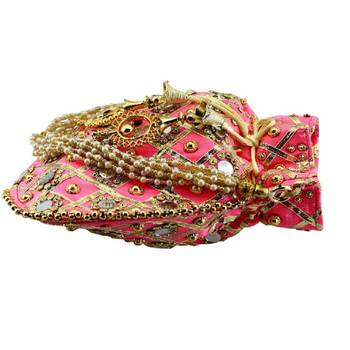 Rajasthani Jaipuri Ethnic Handcrafted Embellished Beaded Potli Wristlets Bags For Women's - Light Pink 3