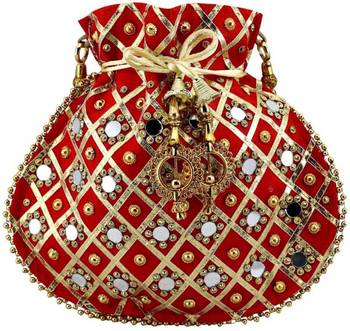 Rajasthani Jaipuri Ethnic Handcrafted Embellished Beaded Potli Wristlets Bags For Women's - Red 1
