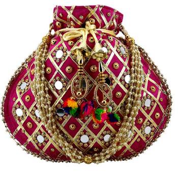Rajasthani Jaipuri Ethnic Handcrafted Embellished Beaded Potli Wristlets Bags For Women's - Dark Pink 1