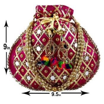 Rajasthani Jaipuri Ethnic Handcrafted Embellished Beaded Potli Wristlets Bags For Women's - Dark Pink 2