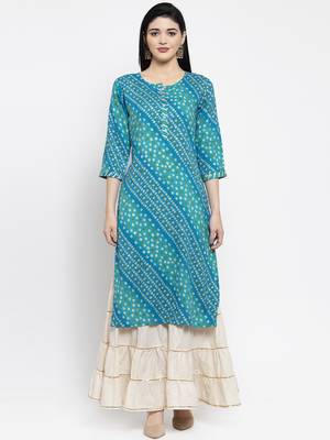 Turquoise printed rayon long-kurtis 1
